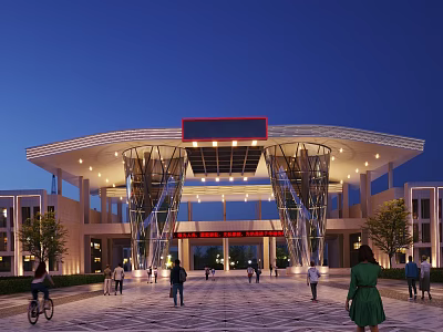 Modern Entrance Gate With Curved Roof Glass Metal Structure Nighttime Lighting And People On Plaza 3d model