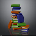 Colorful Book Stack With Green Blue Red Orange Books Stacked And Scattered On Dark Surface