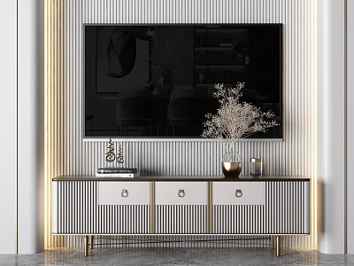 Modern Luxury TV Stand With Gold Accents Striped Design Drawers And Vase 3d model