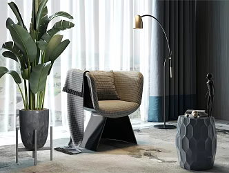 Light Luxury Single Chair Stool Floor Lamp Green Plant 3d model
