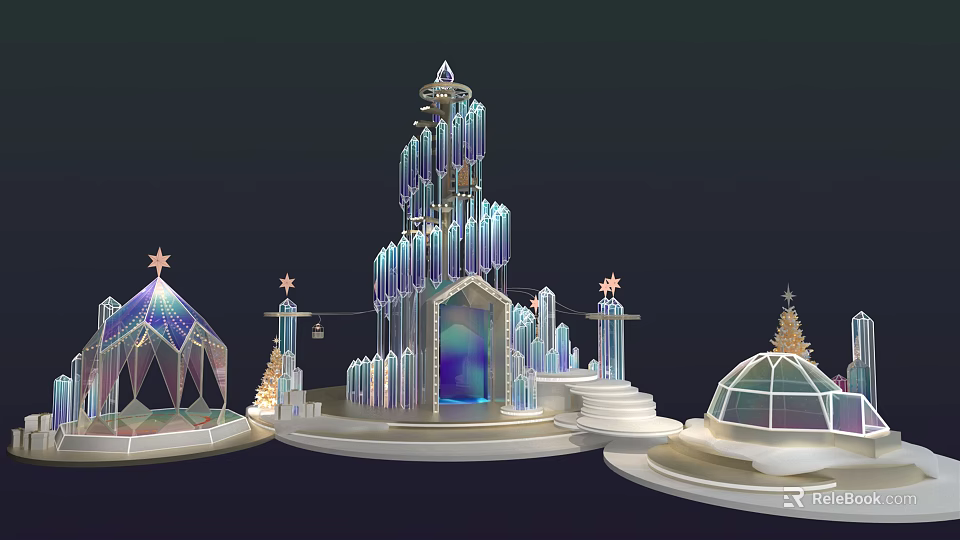Illuminated Crystal Castle With Ice Blue Structure And Star Decorated Domes 3d model 