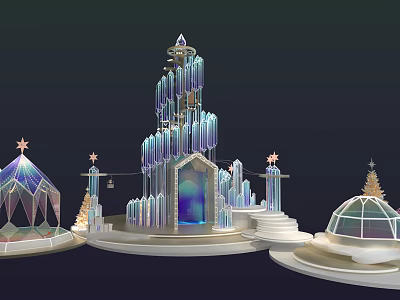 Illuminated Crystal Castle With Ice Blue Structure And Star Decorated Domes 3d model
