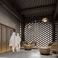 Spacious Traditional Chinese Elevator Hallway with Wooden Ceiling Lantern Lights Glass Doors and Green Plants