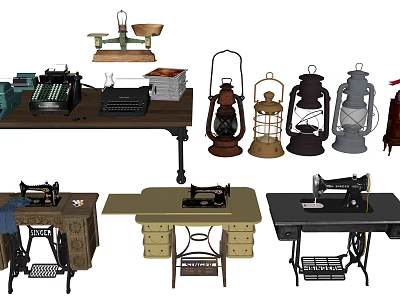Antique Industrial Equipment Display With Sewing Machines Kerosene Lamps Scales And Typewriters 3d model
