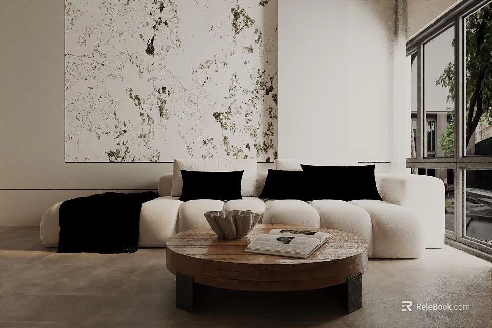 White Three Seater Sofa With Black Pillows Wooden Coffee Table And Marble Wall 3d model 