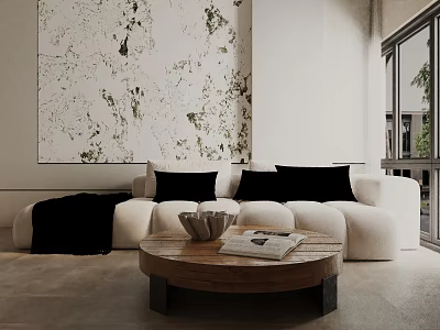 White Three Seater Sofa With Black Pillows Wooden Coffee Table And Marble Wall 3d model