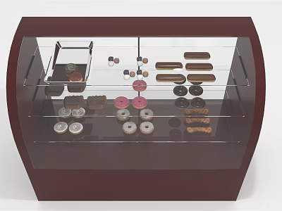 Wooden Frame Glass Front Display Showcase Shelf Featuring Multiple Shelves Displaying Various Bakery Items 3d model