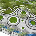 Scenic Park Landscape With Curved Pathways Green Lawns Trees And Circular Paved Areas