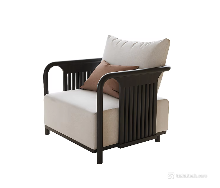 Modern Single Sofa With Black Frame Beige Cushion And Brown Pillow 3d model