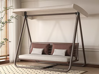 Outdoor Two Seat Swing Chair With Brown Beige Cushions Metal Frame And Canopy 3d model
