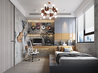 Modern Kids Room Interior With Guitar Decor Record Wall Art Bed Desk Chair And Chandelier 3d model
