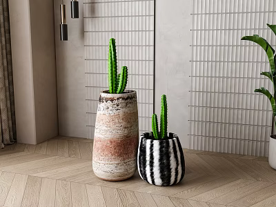 Cactus Bonsai Potted Plants with Brown Beige and Black White Striped Pots in Modern Interior 3d model