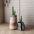Cactus Bonsai Potted Plants with Brown Beige and Black White Striped Pots in Modern Interior
