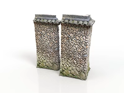 Traditional Architectural Stone Pillars With Cobblestone Surface Roof Like Top And Mossy Base 3d model