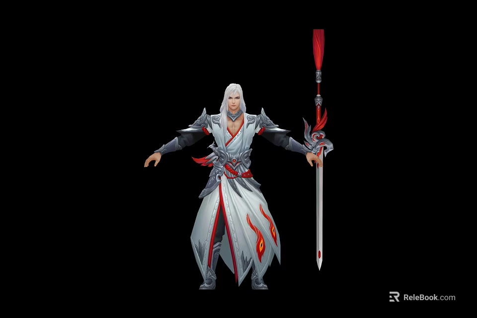 White Haired Ancient Warrior Character in White Robe with Red Accents and Bird Feather Spear 3d model 