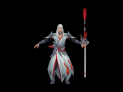 White Haired Ancient Warrior Character in White Robe with Red Accents and Bird Feather Spear 3d model