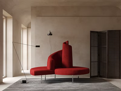 Unique Shaped Red Sofa In Modern Minimalist Living Space With Floor Lamp 3d model