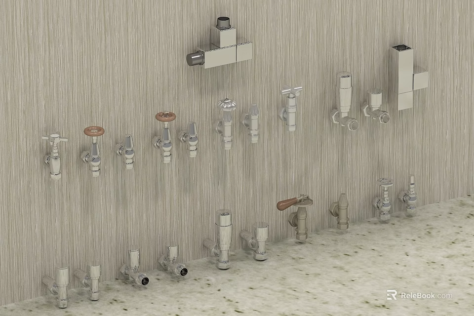 Various Heating Pipe Fittings in Different Styles Displayed on Wall and Floor 3d model 