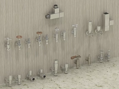 Various Heating Pipe Fittings in Different Styles Displayed on Wall and Floor 3d model