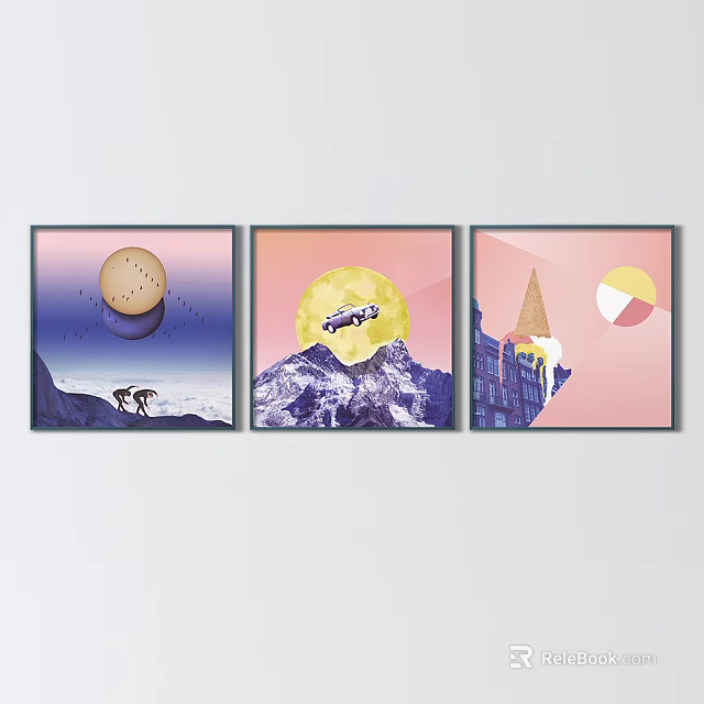 Three Panel Abstract Paintings With Surreal Mountain Moon And Geometric Shapes 3d model