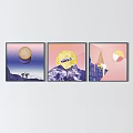 Three Panel Abstract Paintings With Surreal Mountain Moon And Geometric Shapes 3d model