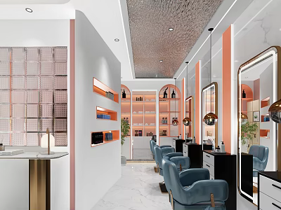 Modern Hair and Beauty Salon Interior Featuring Blue Chairs Mirrors Product Shelves And Bright Lighting 3d model