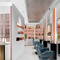 Modern Hair and Beauty Salon Interior Featuring Blue Chairs Mirrors Product Shelves And Bright Lighting