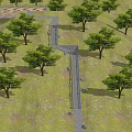 Aerial View Of Lush Green Forest With Winding Path And Red Area