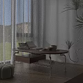 Modern Coffee Table Interior Design With Wooden Top Metal Frame Books Mug Plant And Pouf