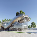 Modern Sales Office Building With Green Roof Surrounded by Trees and Outdoor Seating Area