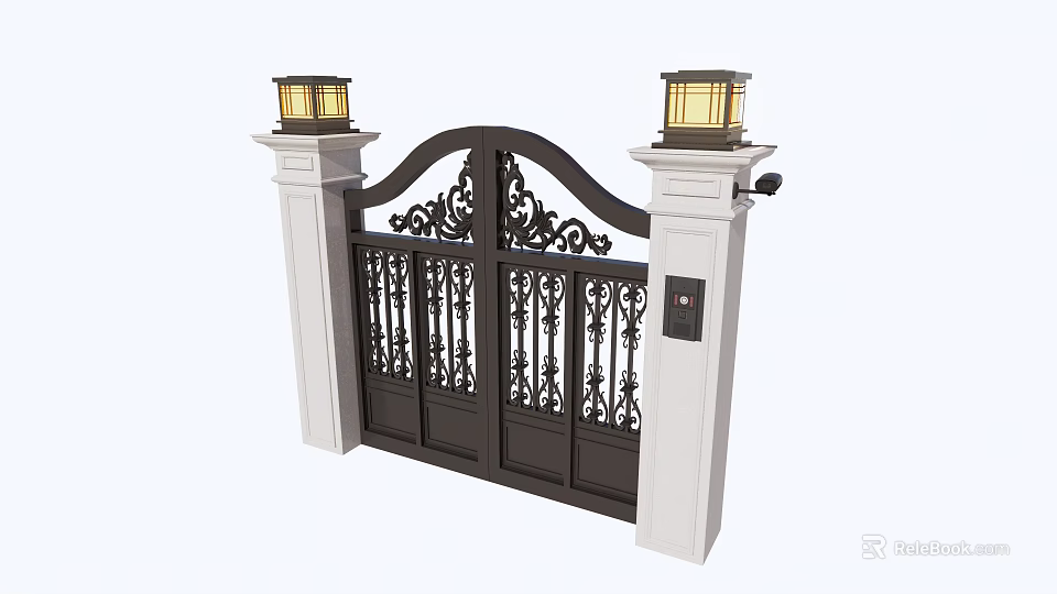 Ornate Black Iron Entrance Gate With White Pillars Pillar Lamps And Access Control Keypad 3d model 
