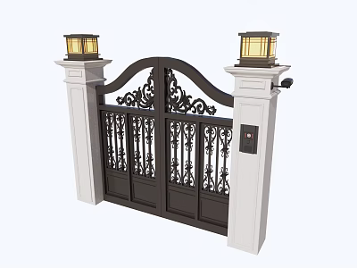 Ornate Black Iron Entrance Gate With White Pillars Pillar Lamps And Access Control Keypad 3d model