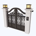 Ornate Black Iron Entrance Gate With White Pillars Pillar Lamps And Access Control Keypad