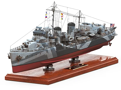 Detailed Warship Model With Camouflage Paint And Wooden Display Base 3d model
