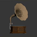 Vintage Electronic Gramophone With Brass Horn Wooden Base And Vinyl Record