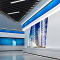 Modern Exhibition Hall Interior With Blue White Design Display Screens And Cabinets