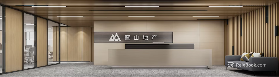 Modern Front Desk Reception Area With Wooden Wall Company Logo And Lighting Strips 3d model 