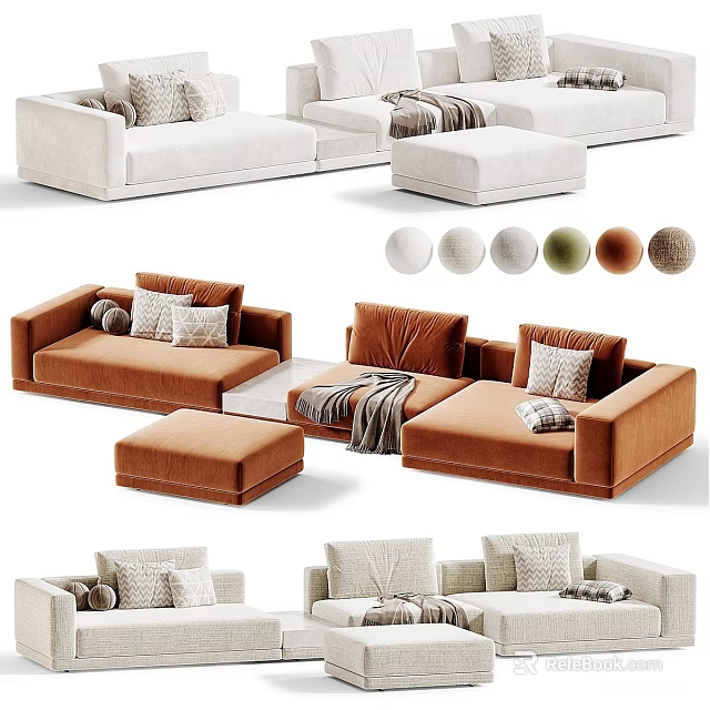Modern Cozy Sectional Sofa With Decorative Pillows Throw Blanket And Ottoman Multiple Color Options 3d model 