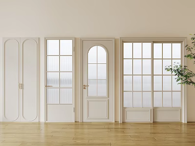 White Minimalist Hinged Doors With Glass Panels And Various Designs In Interior Setting 3d model
