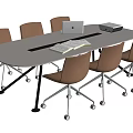 Modern Office Oval Light Gray Conference Table With Laptop Documents And Rolling Chairs