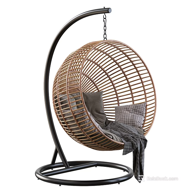 Round Rattan Hanging Leisure Chair with Black Frame Gray Cushions and Comfortable Design 3d model 