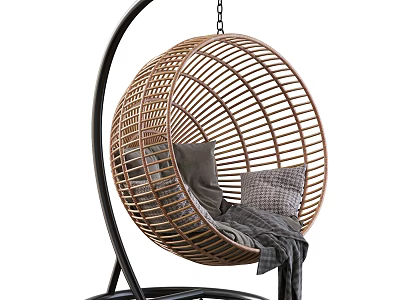 Round Rattan Hanging Leisure Chair with Black Frame Gray Cushions and Comfortable Design 3d model