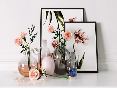 Elegant Glass Vases With Pink Roses Peonies On White Table Decorative Paintings Petals 3d model