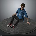 Boy Wearing Blue Hoodie Gray Pants And Red Sneakers Sitting On Circular Gray Platform 3d model