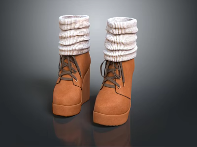 Brown Lace Up Wedge Heel Boots With Knit Cuffs And Thick Sole Design 3d model
