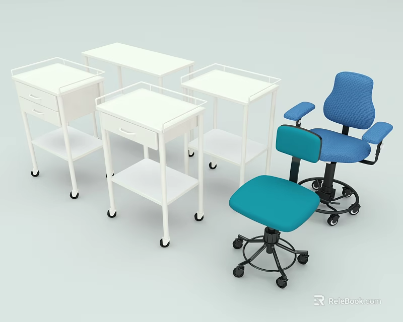 Blue and Teal Office Chairs With Wheels Armrests And White Rolling Carts 3d model 