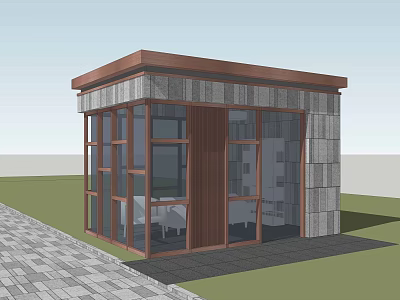Modern Entrance Gate With Gray Stone Brick Walls Brown Roof Glass Windows And Paved Path 3d model
