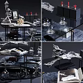 Modern Coffee Table With Glass Top Black Metal Frame Decorative Items And Books