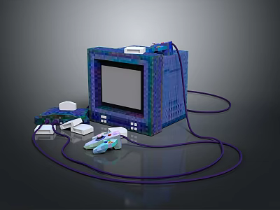 Pixel Art Retro Gaming Console Setup With Screen Controller And Cables 3d model