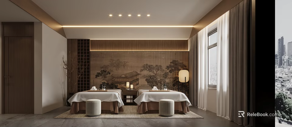 Traditional SPA Room With Two Massage Beds And Wall Murals 3d model 